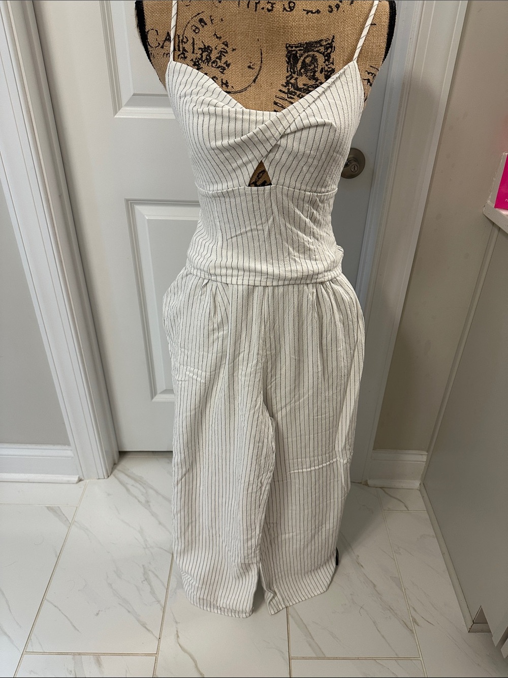 Sienna Sky Cream Pinstripe Wide-Leg tank and pant set with Cutout
